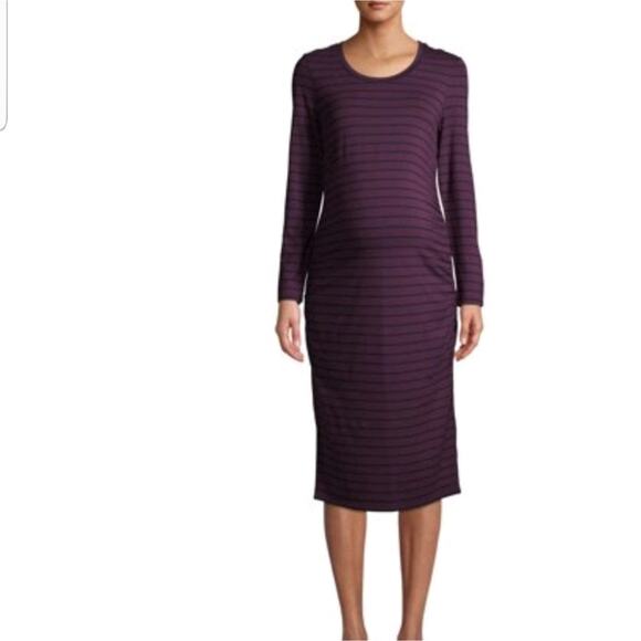 Maternity Dress Small 4 / 6 Long Sleeve Stripe Purple Knee length - Picture 5 of 8